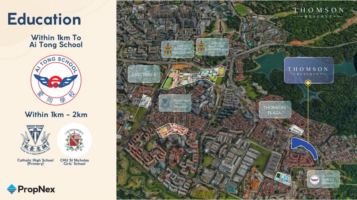 Thomson Reserve schools nearby — Ai Tong School within 1km, Catholic High School, CHIJ St Nicholas Girls School, Raffles Institution, Eunoia Junior College, District 20 Singapore