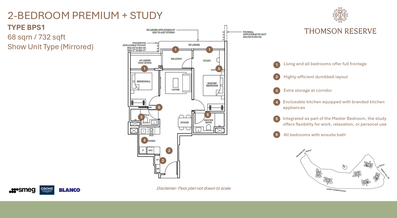 Thomson Reserve 2-Bedroom Premium + Study floor plan, Type BPS1, 68 sqm 732 sqft