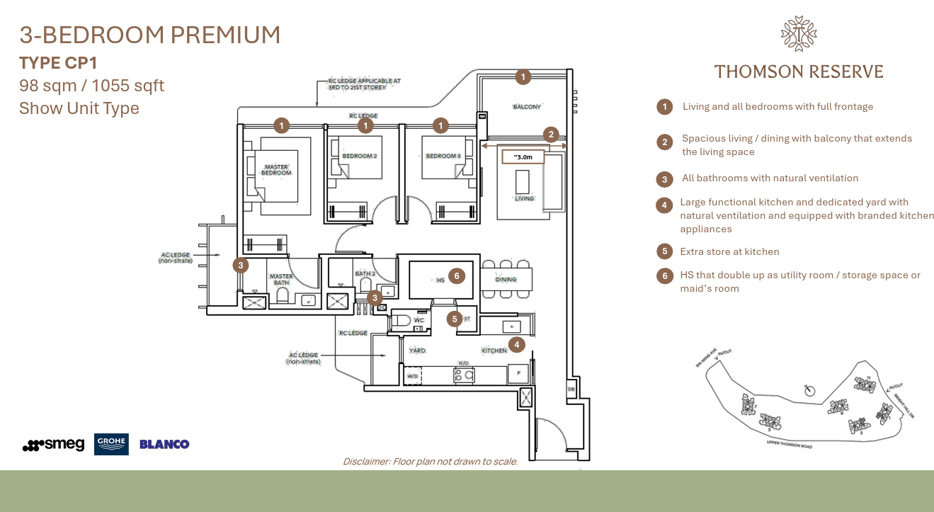 Thomson Reserve 3-Bedroom Premium floor plan, Type CP1, 98 sqm 1055 sqft