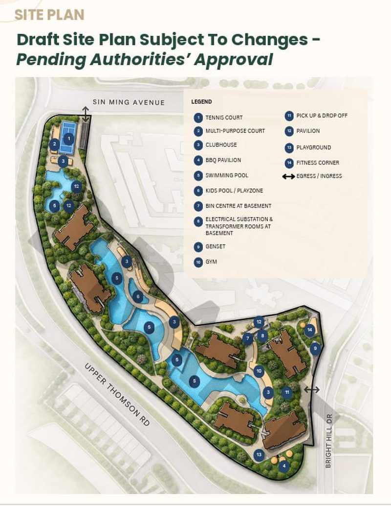 Thomson Reserve Draft Site Plan — residential blocks, lagoon pools, clubhouse and landscaped gardens at Bright Hill Drive, Upper Thomson Singapore